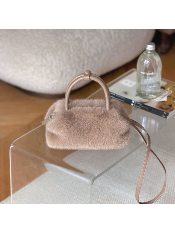 Fuzzy Bucket Bag, Fluffy Faux Fur Shoulder Bag with Zipper, Plush Purse for Women, Lightweight Winter Crossbody Handbag