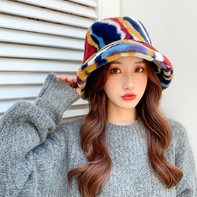 Fuzzy Bucket Hat for Women Furry Fur Bucket Hat Winter Warm Plush