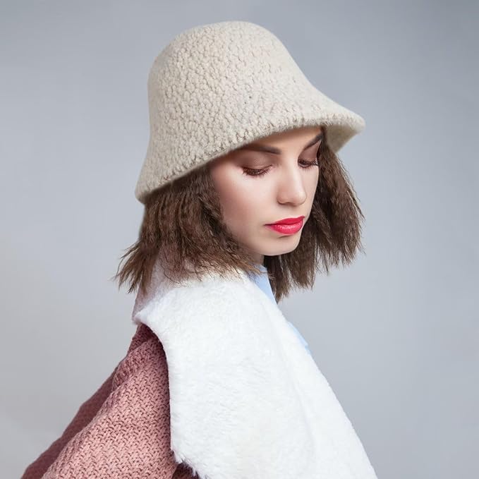 Fuzzy Bucket Hat for Women - Winter Plush Faux Fur Bucket 