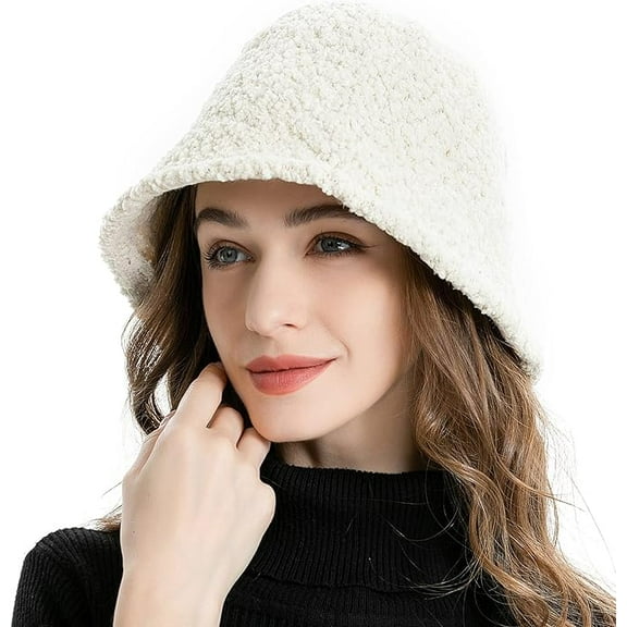 Fuzzy Bucket Hat for Women - Winter Plush Faux Fur Bucket Hat - Fluffy Sherpa Bucket Hats for Women