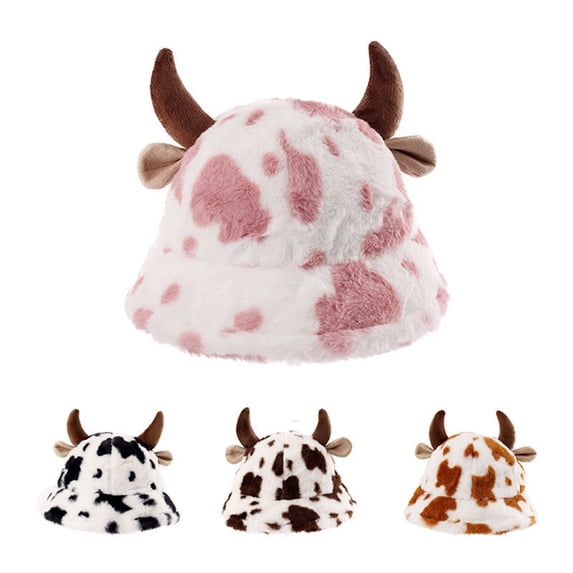 Fuzzy Bucket Hats Plush Bucket Cow Patterned Hat Cap Warm Soft Fisherman Hat Adjustable Winter Spring Furry Fur Bucket Hat for Women