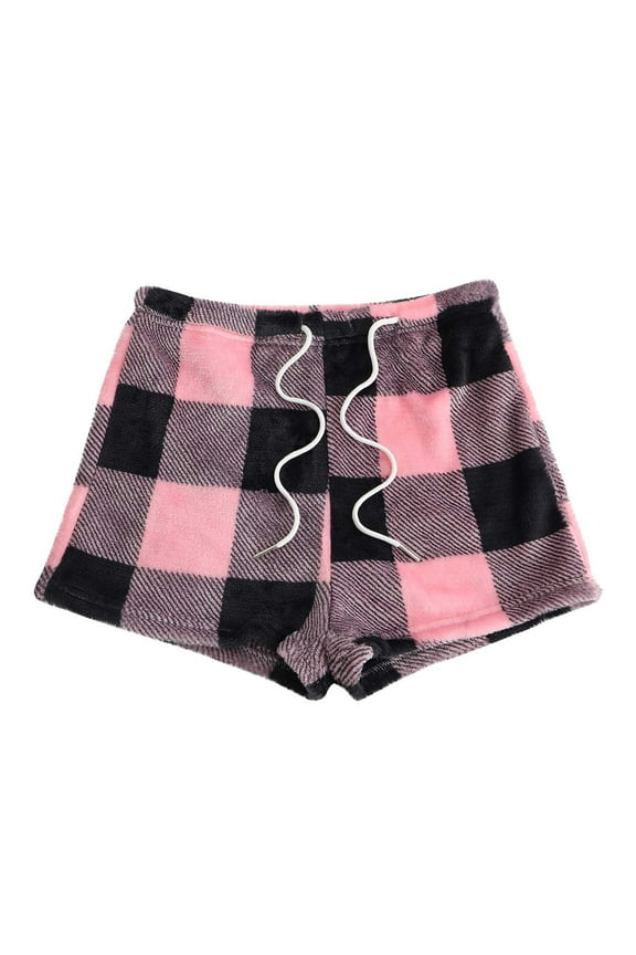 Fuzzy Buffalo Plaid Pajama Shorts for Women Drawstring Elastic Waist Cute Sleep Lounge Pj Shorts Sleepwear