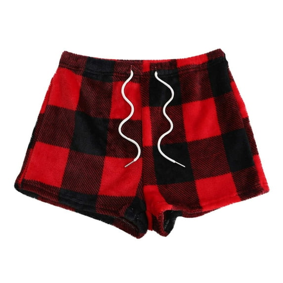 Fuzzy Buffalo Plaid Pajama Shorts for Women Winter Soft Drawstring Comfy Elastic Waist Lounge Pj Shorts Sleepwear