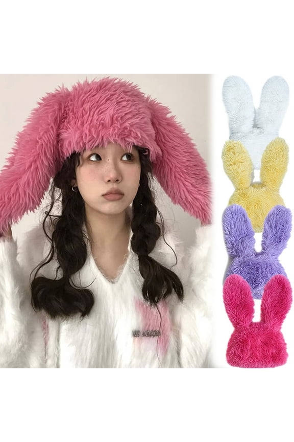 Fuzzy Bunny Hat for Women Cute Plush Beanie with Bunny Ears Long Rabbit Ears Winter Hat
