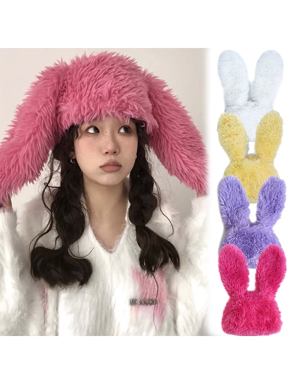 Fuzzy Bunny Hat for Women Cute Plush Beanie with Bunny Ears Long Rabbit Ears Winter Hat