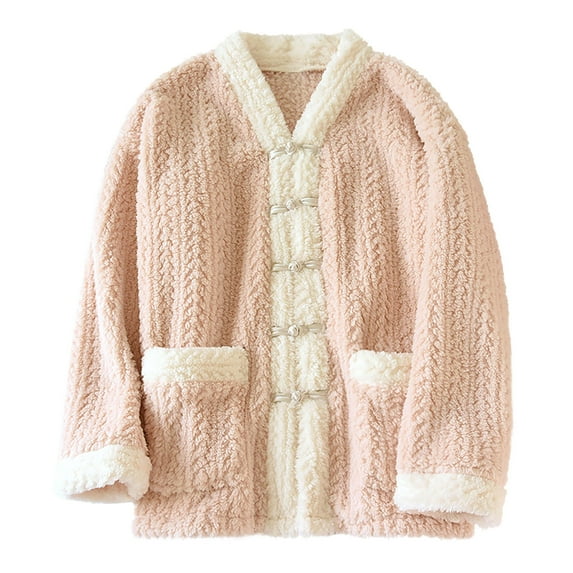 Fuzzy Button Down Pajama Tops for Women Colorblock Winter Plush Fluffy Cardigan Jacket Sleepwear Plush Winter House Coat with Pockets