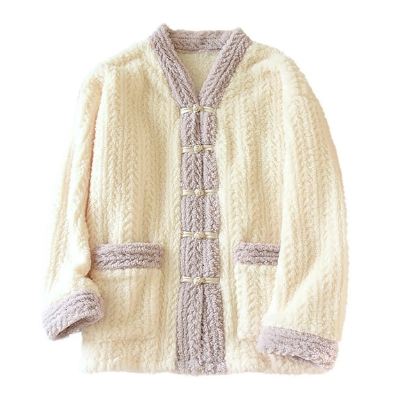 Fuzzy Button Down Pajama Tops for Women Colorblock Winter Plush Fluffy Cardigan Jacket Sleepwear Plush Winter House Coat with Pockets