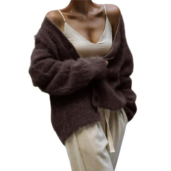 Fuzzy Cardigan Sweaters for Women V Neck Button Down Knit Sweater Long Sleeve Cardigan Sweater Coat Dark Brown L