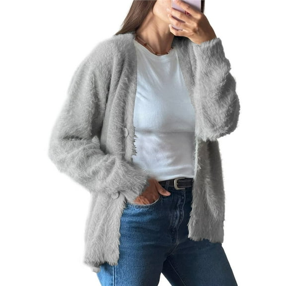 Fuzzy Cardigan Sweaters for Women V Neck Button Down Knit Sweater Long Sleeve Cardigan Sweater Coat Light Gray L