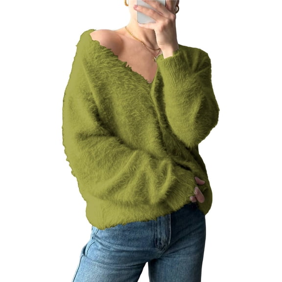 Fuzzy Cardigan Sweaters for Women V Neck Button Down Knit Sweater Long Sleeve Cardigan Sweater Coat Olive Green L
