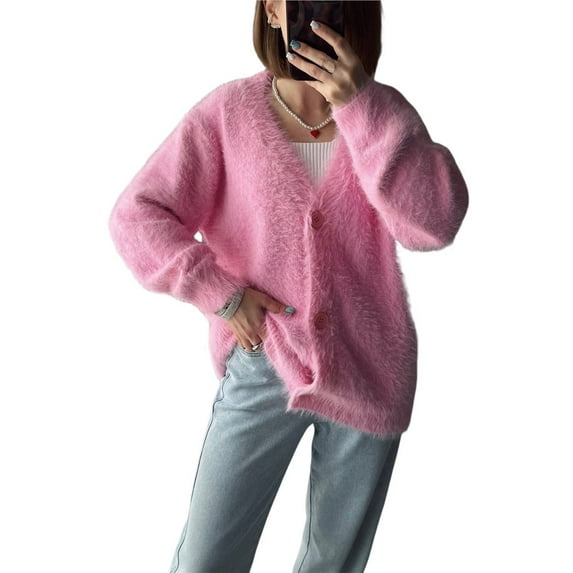 Fuzzy Cardigan Sweaters for Women V Neck Button Down Knit Sweater Long Sleeve Cardigan Sweater Coat Pink S