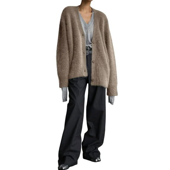 Fuzzy Cardigan Sweaters for Women V Neck Button Down Soft Knit Sweater Long Sleeve Cardigan Sweater Coat Khaki S