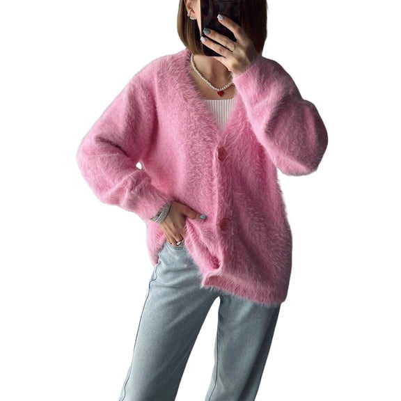 Fuzzy Cardigan Sweaters for Women V Neck Button Down Soft Knit Sweater Long Sleeve Cardigan Sweater Coat Pink S