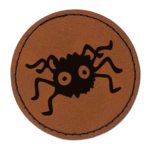 Fuzzy Cartoon Bug Spider 2.5" Faux Leather Round Engraved Iron-On Patch - Brown