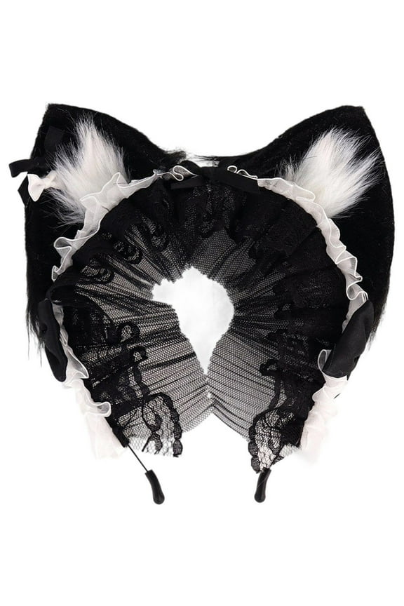 Fuzzy Cat Ear Headband with Lace Detail, Animal Ear Hair Accessory for Themed Events