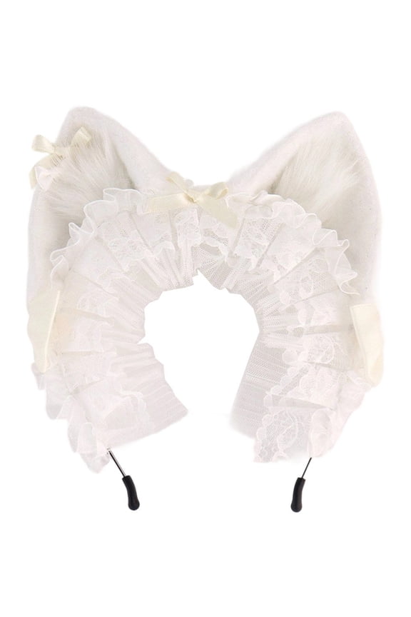 Fuzzy Cat Ear Headband with Lace Detail, Animal Ear Hair Accessory for Themed Events