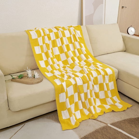 Fuzzy Checkerboard Grid Throw Blanket Knitted Soft Cozy Warm Microfiber Blanket Decor for Couch Sofa Bed Travel Home (Yellow, 50''''x60'''')