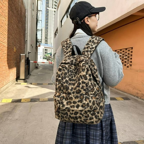 Fuzzy Cheetah Print Backpack for Women Fleece Shoulder Bag Trendy Aesthetic Bookbag Coquette Daypack