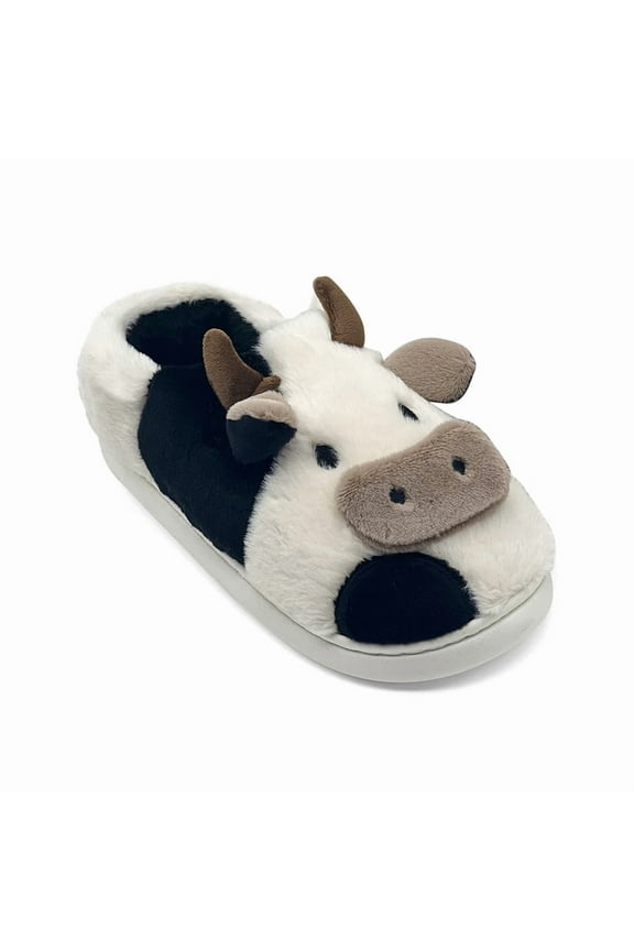 Fuzzy Cow Slippers for Kids Cute Fluffy Cow Toddler House Slippers Girls Boys Animal Cartoon House Shoes for Indoor Outdoor