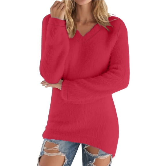 Fuzzy Cozy Sweaters for Women V Neck Long Sleeve Tunic Pullovers Fall Trendy Solid Color Loose Casual Tops