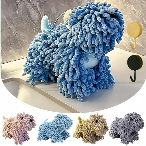 Fuzzy Cute Cartoon Dog Plush Fuzzy Ball Hand Towels with 3D Cute Dog Design, Super Absorbent Chenille Hand Towel for Kitchen Bathroom, Hanging Standing Double Use Puppy Towel