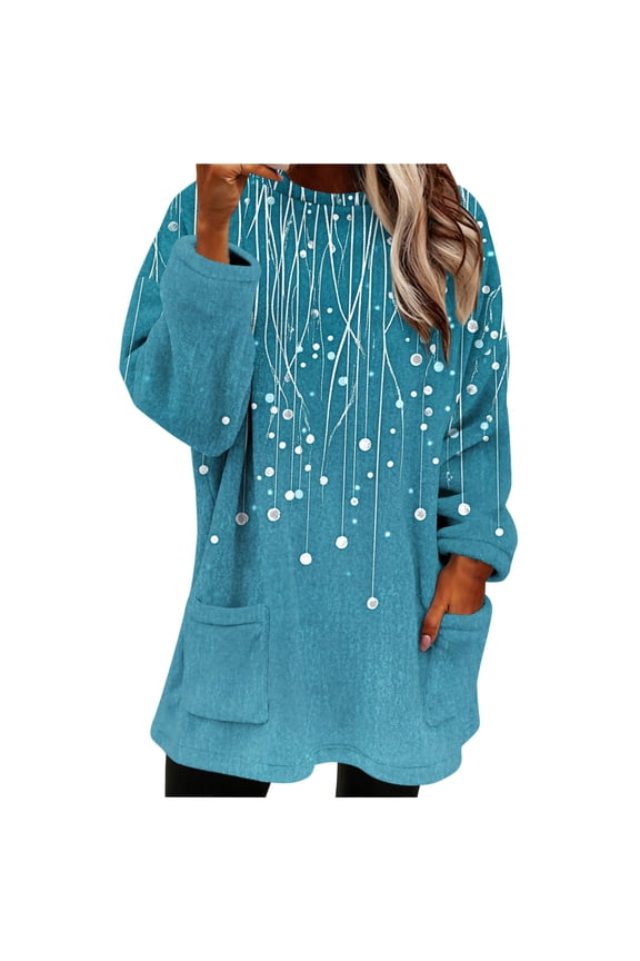 Fuzzy Fall Sweater for Women Crew Neck Winter Pullover Sweaters with Pockets Fashion Oversized Sherpa Sweatshirts Blue, M