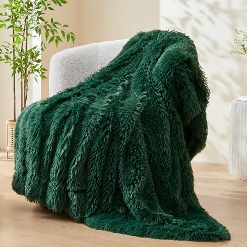 Fuzzy Faux Fur Throw Blanket Dark Green Super Soft Cozy Plush Fuzzy Shaggy Blanket for Couch Sofa Bed (Dark Green, Throw(50"x60"))