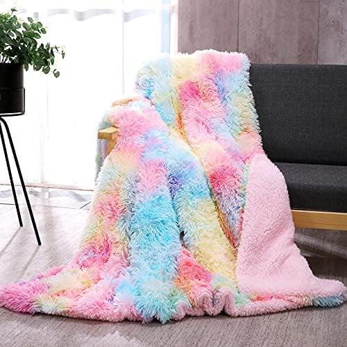 Fuzzy Faux Fur Throw Blanket, Tie Dye Fluffy Blanket, Super Soft Rainbow Blanket for Girls, Luxury Cozy Warm Plush Thick Sherpa Throws for Bed Couch Living Room (Rainbow, 59x79 inches)