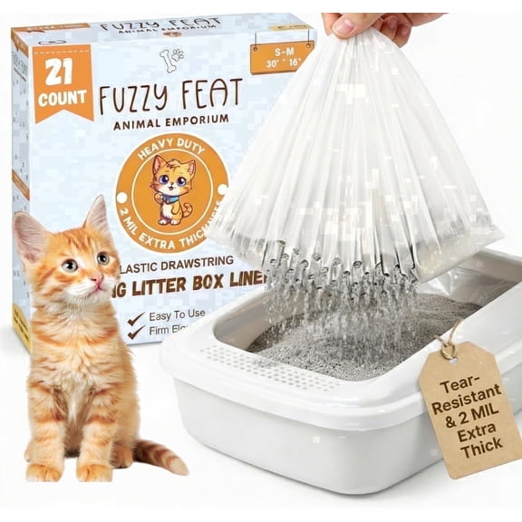 Fuzzy Feat Cat Sifting Litter Box Liners - 21 Count Extra Large with Elastic Drawstring, Tear-Resistant Waterproof Cat Litter Box Liners (30" × 16")