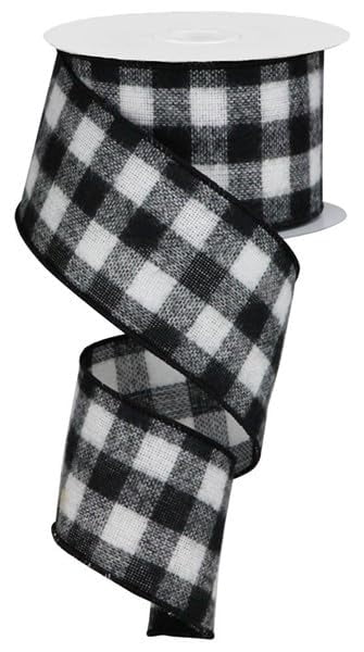 Fuzzy Flannel Check Wired Ribbon, Flannel Black and White, 2.5 inches X 50 Yards