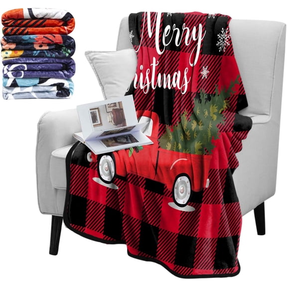 Fuzzy Flannel Christmas Plaid Throw Blankets, Soft Blankets and Throws, Merry Christmas Vintage Red Car Cartoon Print Decorative Throw Blankets for Couch, 50"X60"