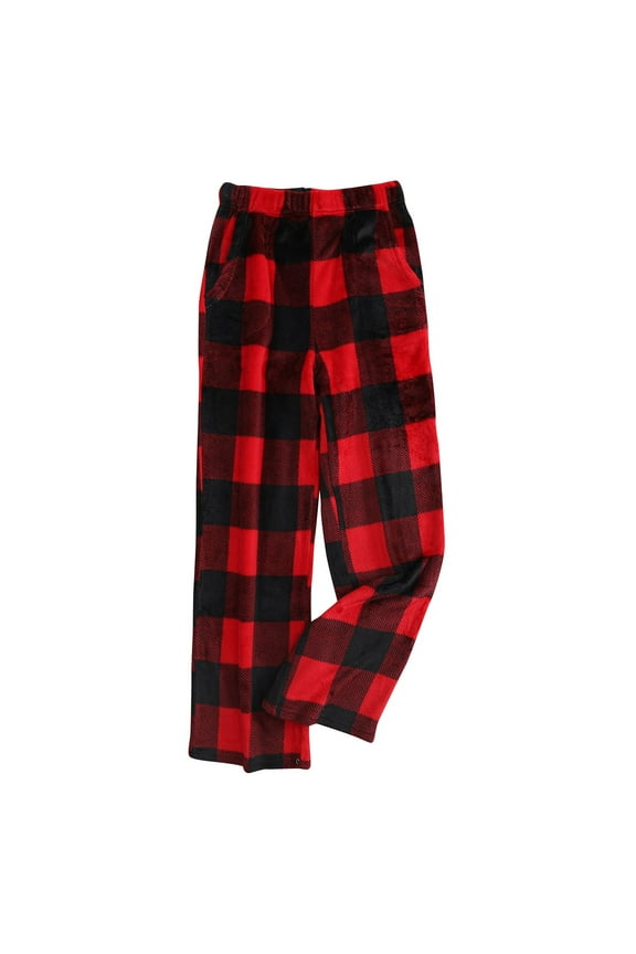 Fuzzy Flannel Pajama Pants Women Soft Elastic Waist Checkered Pajamas Pants Fluffy Lounge Sleep Bottoms with Pockets Red M