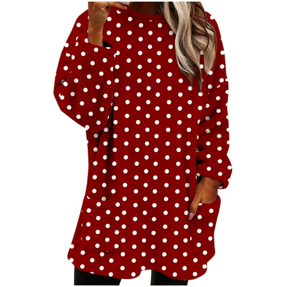 Fuzzy Flannel Sweatshirts for Women Long Sleeve Casual Pullovers Polka Dots Warm Winter Crewneck Plush Tunic Tops