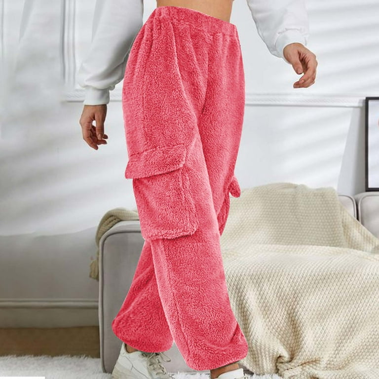 Fuzzy Fleece Cargo Sweatpants Women High Elastic Waisted Lounge