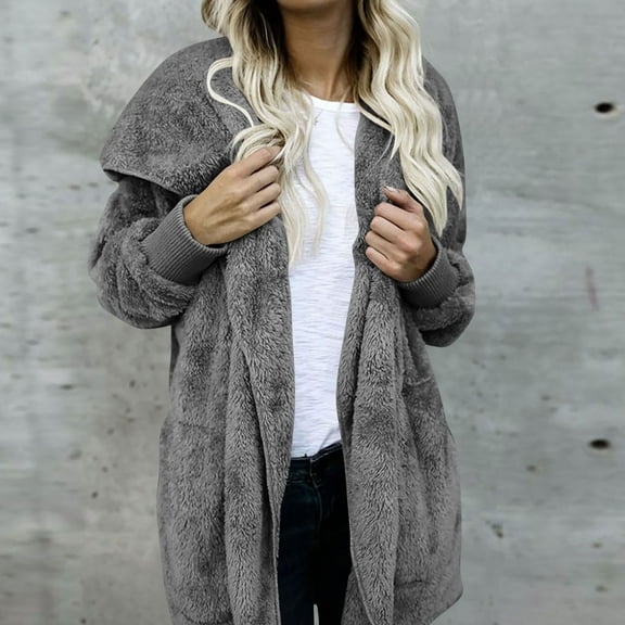 Fuzzy Fleece Hooded Jackets for Women Casual Warm Open Front Cardigan Cozy Fall Fashion Outerwear with Pockets New Plus Size Jackets for Women Dark Gray XL