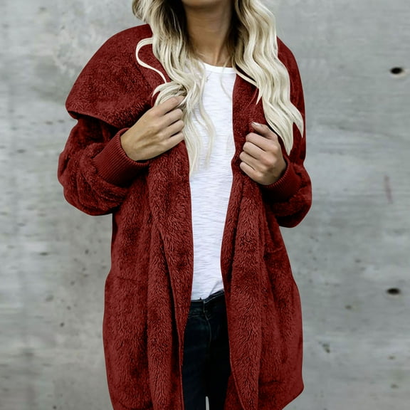 Fuzzy Fleece Hooded Jackets for Women Casual Warm Open Front Cardigan Cozy Fall Fashion Outerwear with Pockets New Windbreaker Jacket Women Plus Size Wine 3XL