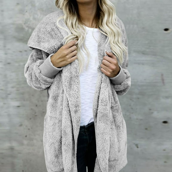 Fuzzy Fleece Hooded Jackets for Women Casual Warm Open Front Cardigan Cozy Fall Fashion Outerwear with Pockets New Gray S