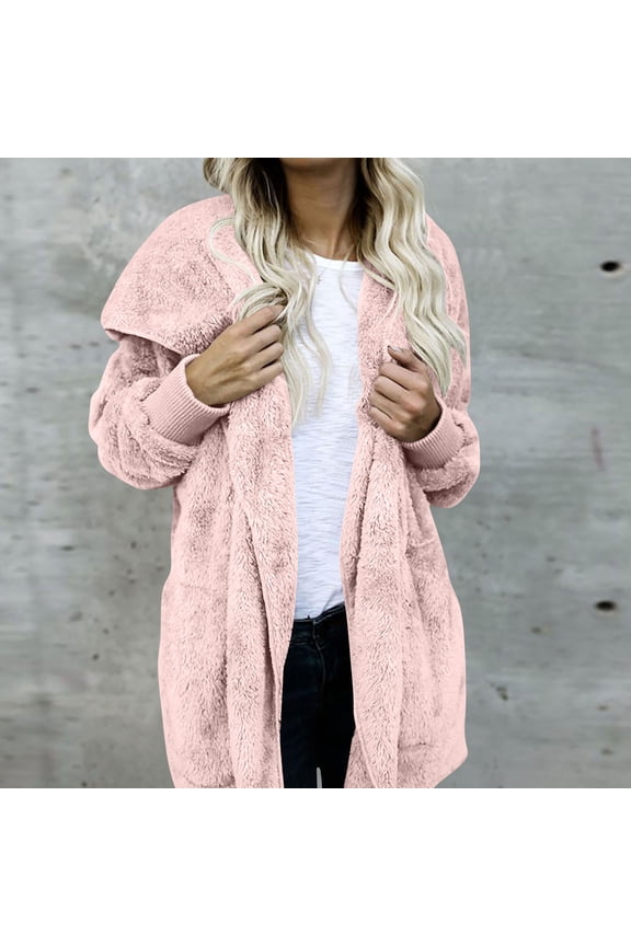 Fuzzy Fleece Hooded Jackets for Women Casual Warm Open Front Cardigan Cozy Fall Fashion Outerwear with Pockets New Women Jacket Lightweight Pinky 5XL