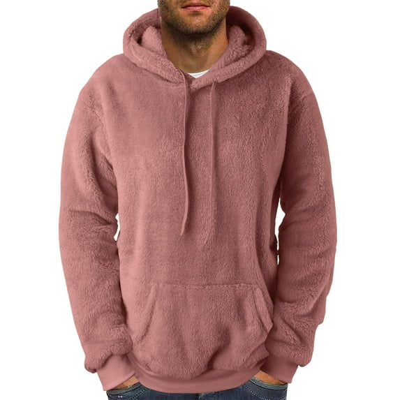 Fuzzy Fleece Hoodies for Men 2024 Plain Pullover Sweaters Warm Plush Hooded Sweatshirts Outwear Long Sleeve Tops (Small, Pink)