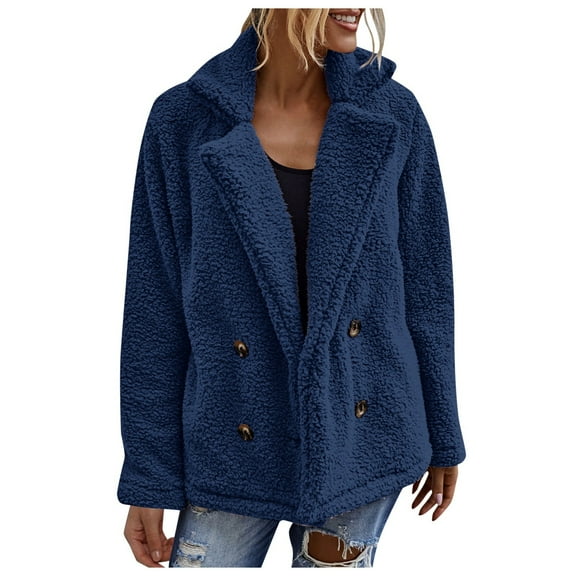 Fuzzy Fleece Jacket For Women Fashion Flannel Thick Thermal Coat Casual Loose Fit Comfort Long Sleeve Fall Winter Warm Outerwear With Pocket Blue L