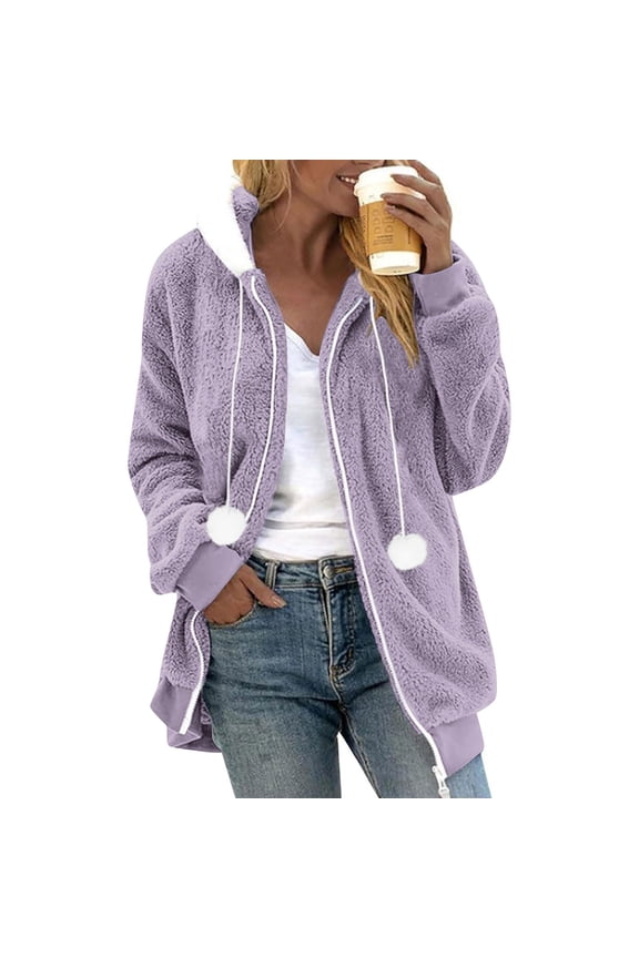 Fuzzy Fleece Jacket Women Warm Winter Sherpa Hoodie Zip Up Oversized Cardigan Fashion 2025 Color Block Faux Fur Coat