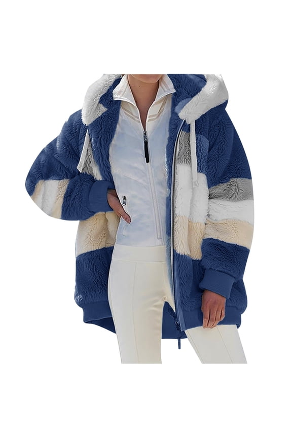 Fuzzy Fleece Jacket Womens Winter Leopard Print Lapel Cardigan Plus Size Sherpa Winter Coats Warm Outerwear with Pockets Blue M