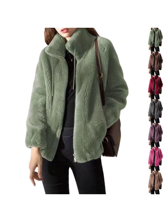 Fuzzy Fleece Jacket for Women Full Zip Long Sleeve Oversized Drawstring Coat Casual Faux Fleece Sweatshirt with Pockets