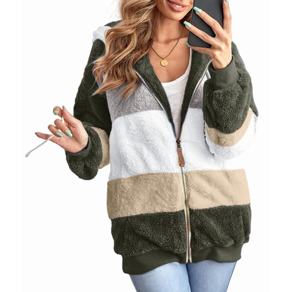 Fuzzy Fleece Jacket for Women Sherpa Long Sleeve Casual Zipper Faux Fur Coat with hooded Fashion Sweatshirt Winter Warm Outwear with Pockets