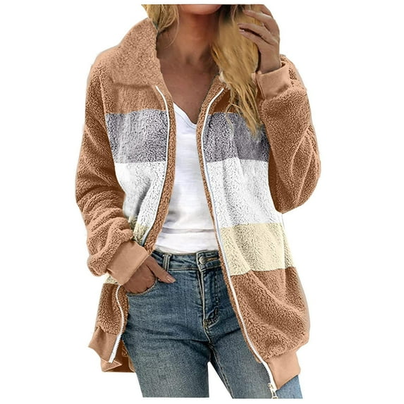 Fuzzy Fleece Jackets for Women Color Block Zip up Turndown Collar Coat Plush Warm Winter Outerwear Coats Heavy Winter Coats for Women S-24 Khaki M