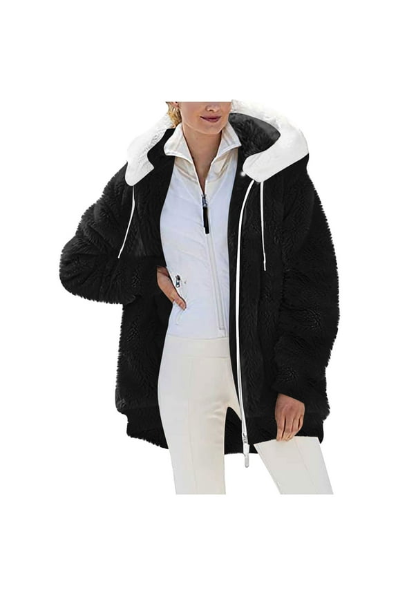 Fuzzy Fleece Jackets for Women Warm Winter Loose Coats Fluffy Sherpa Hoodies Solid Zip up Casual Cardigan Sweater Outerwear with Pockets
