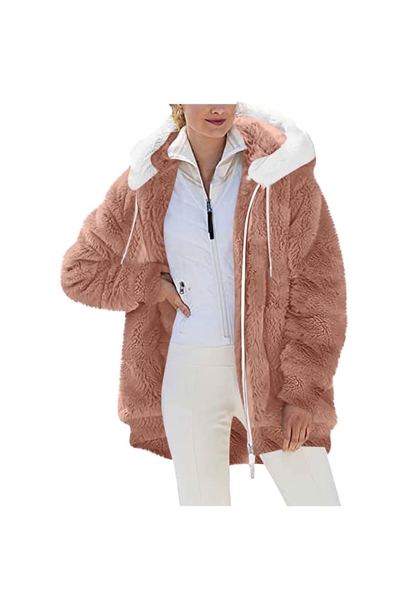 Fuzzy Fleece Jackets for Women Warm Winter Loose Coats Fluffy Sherpa Hoodies Solid Zip up Casual Cardigan Sweater Outerwear with Pockets