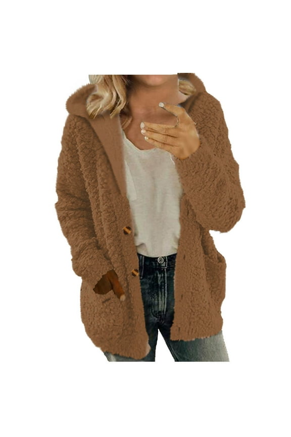Fuzzy Fleece Jackets for Women Winter Trendy Hoodies Long Sleeve Teddy Coat Loose Button Down Faux Fur Warm Outwear (M, Orange)