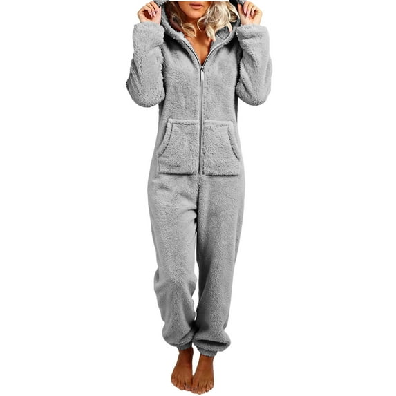 Fuzzy Fleece Jumpsuit for Women Casual Warm Sherpa Zipper Up Romper Sleepwear with Pockets Solid Color Lightweight Hooded Loungewear