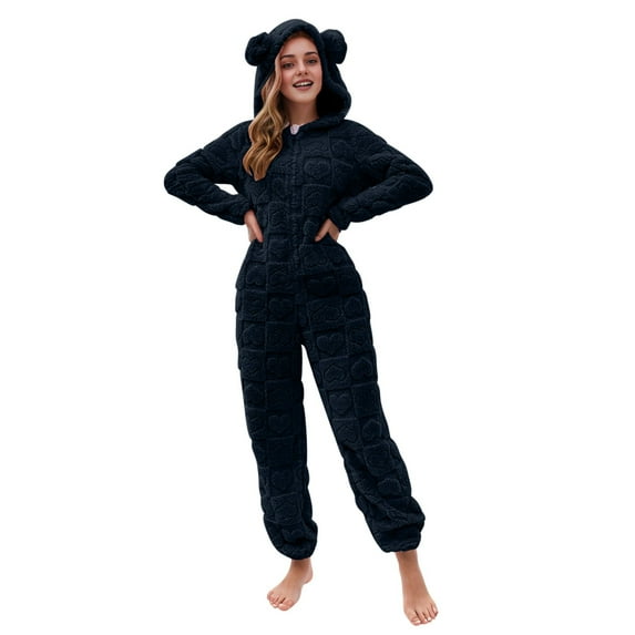 Fuzzy Fleece One Piece Outfits Pajamas New Women's Fashion Solid Color Comfortable Fleece Zipper Hoodie with Ears Jumpsuit Home Clothes Women's Rompers Navy S New